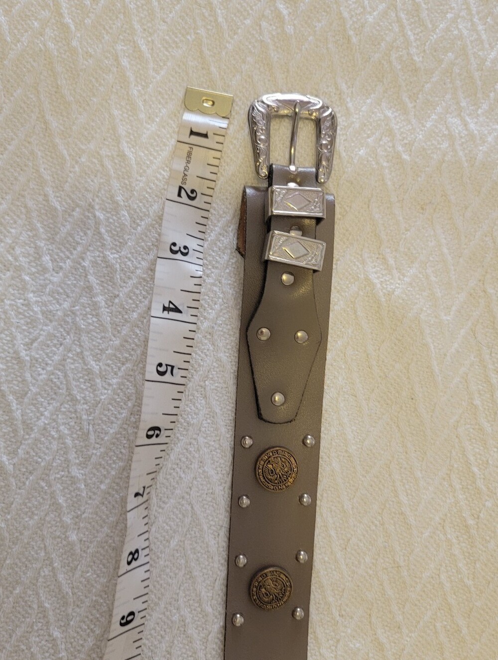 Vintage Studded Taupe Leather Belt with Decorative Medallions